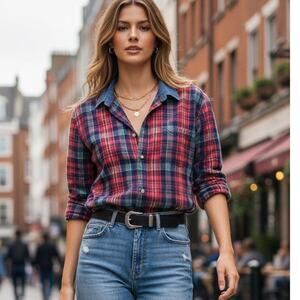 Vintage 90’s QUIZZ preppy plaid button down shirt with denim collar